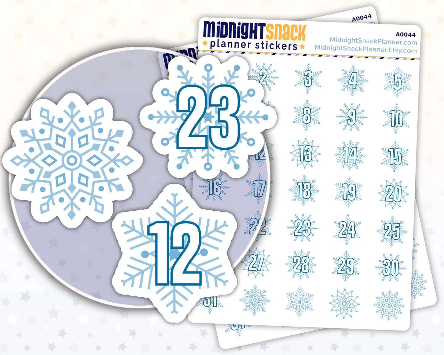 Snowflake Date Cover Planner Stickers from Midnight Snack Planner
