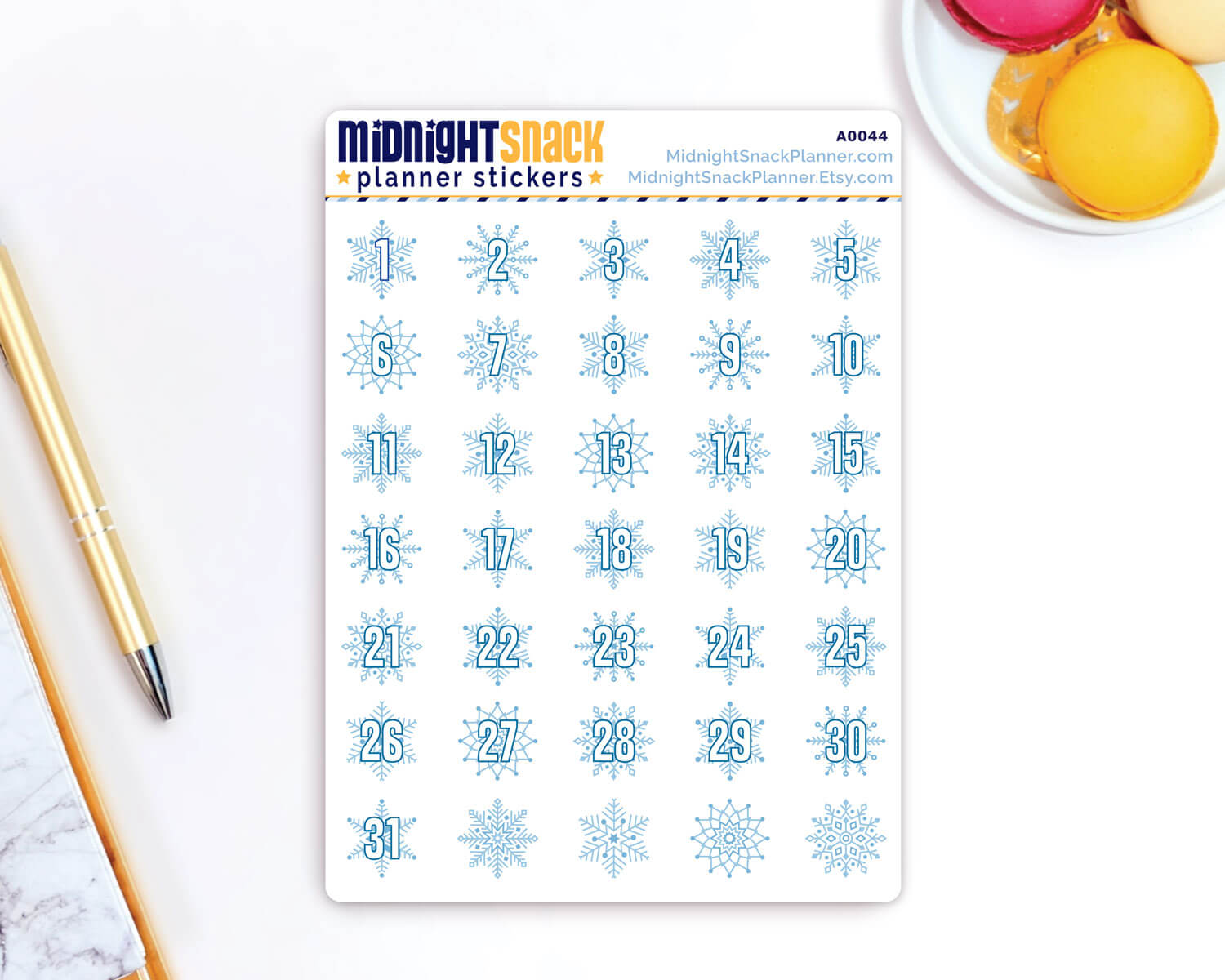 Snowflake Date Cover Planner Stickers from Midnight Snack Planner