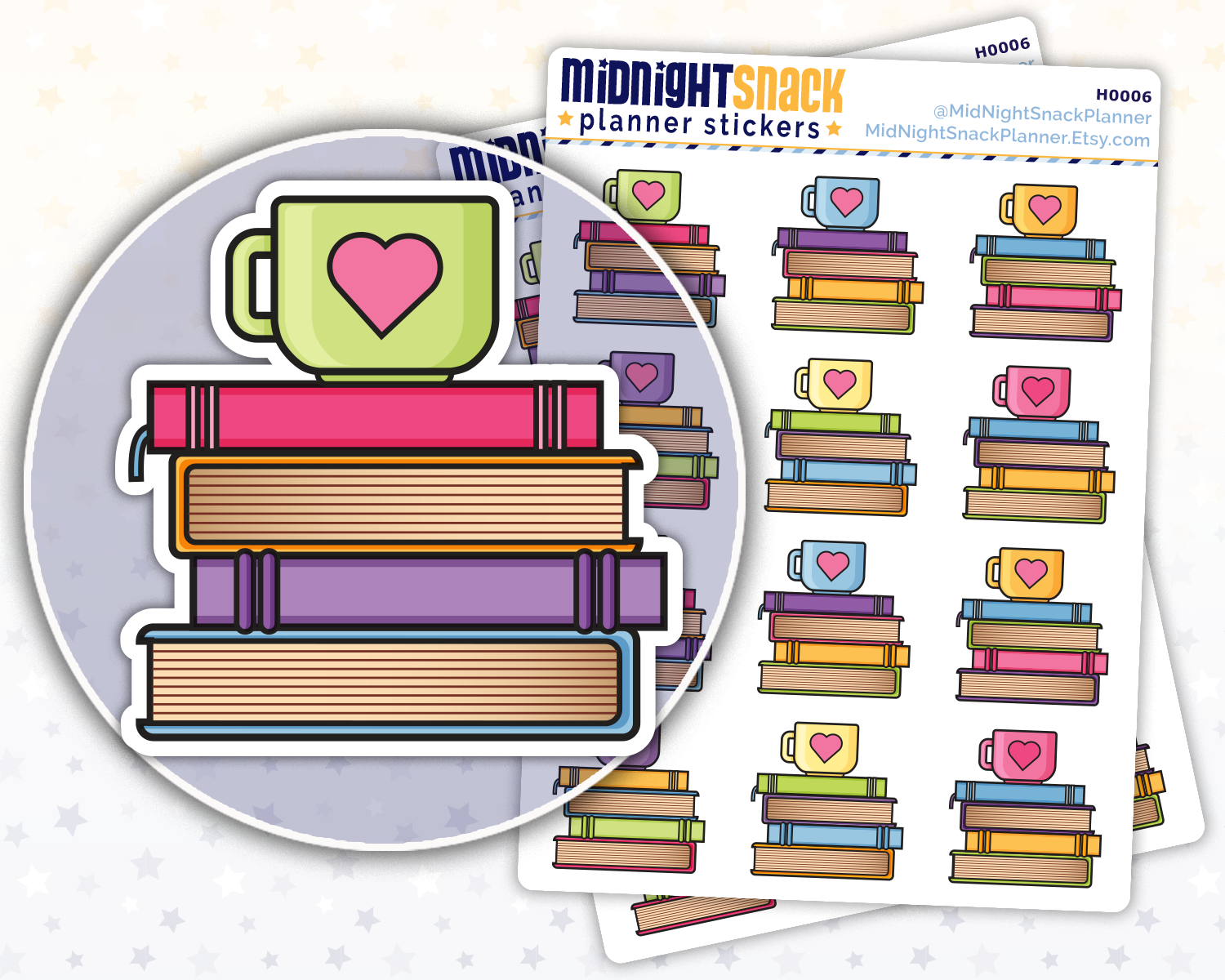 Small Stack of Books with Mug Icon: Reading Planner Stickers Midnight Snack Planner