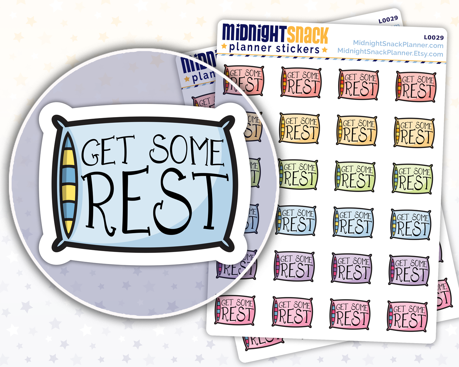 Get Some Rest handdrawn planner stickers featuring a pillow in multiple colors.