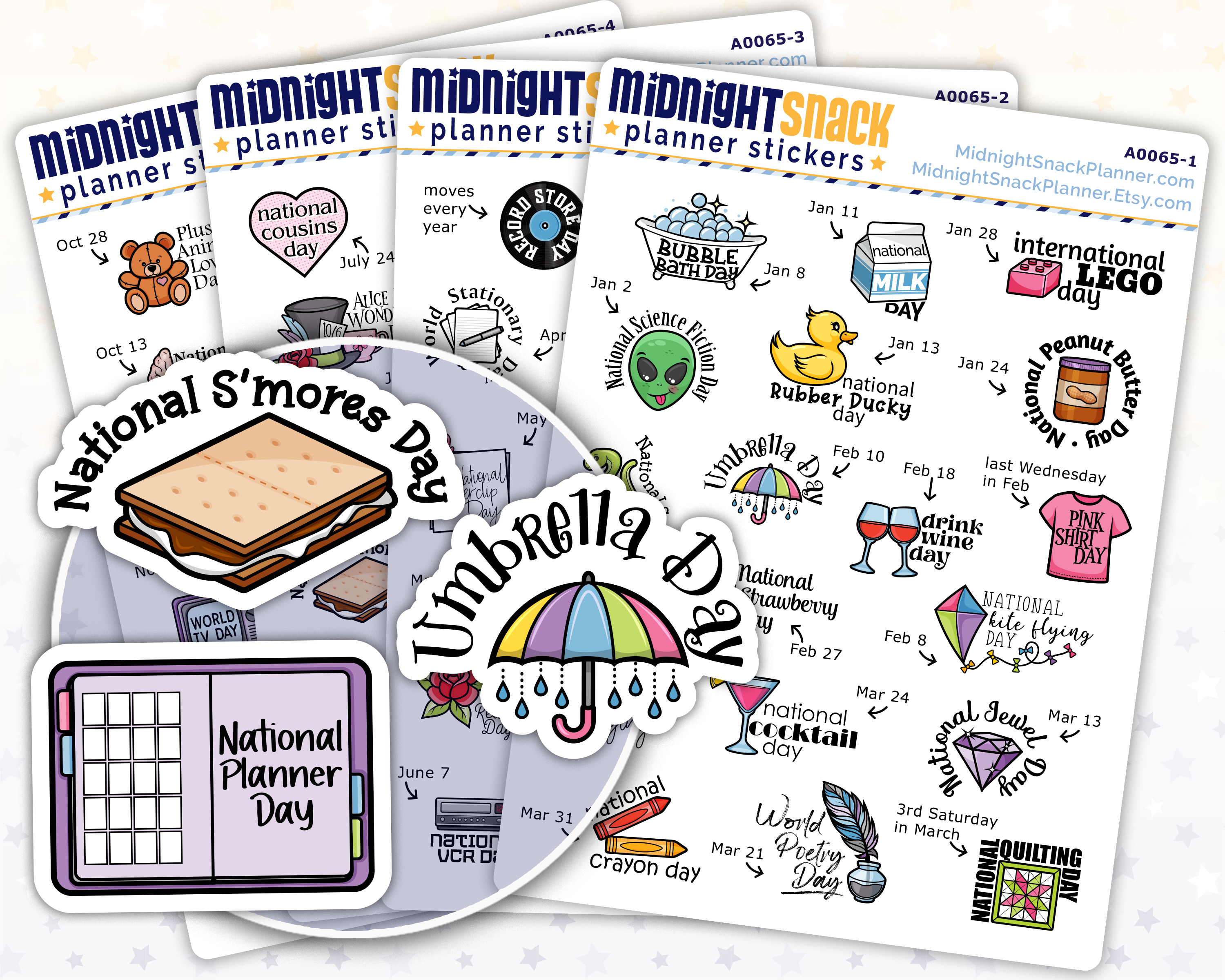 Wacky holiday planner stickers. All four pages of volume one shown. Three stickers shown zoomed in.