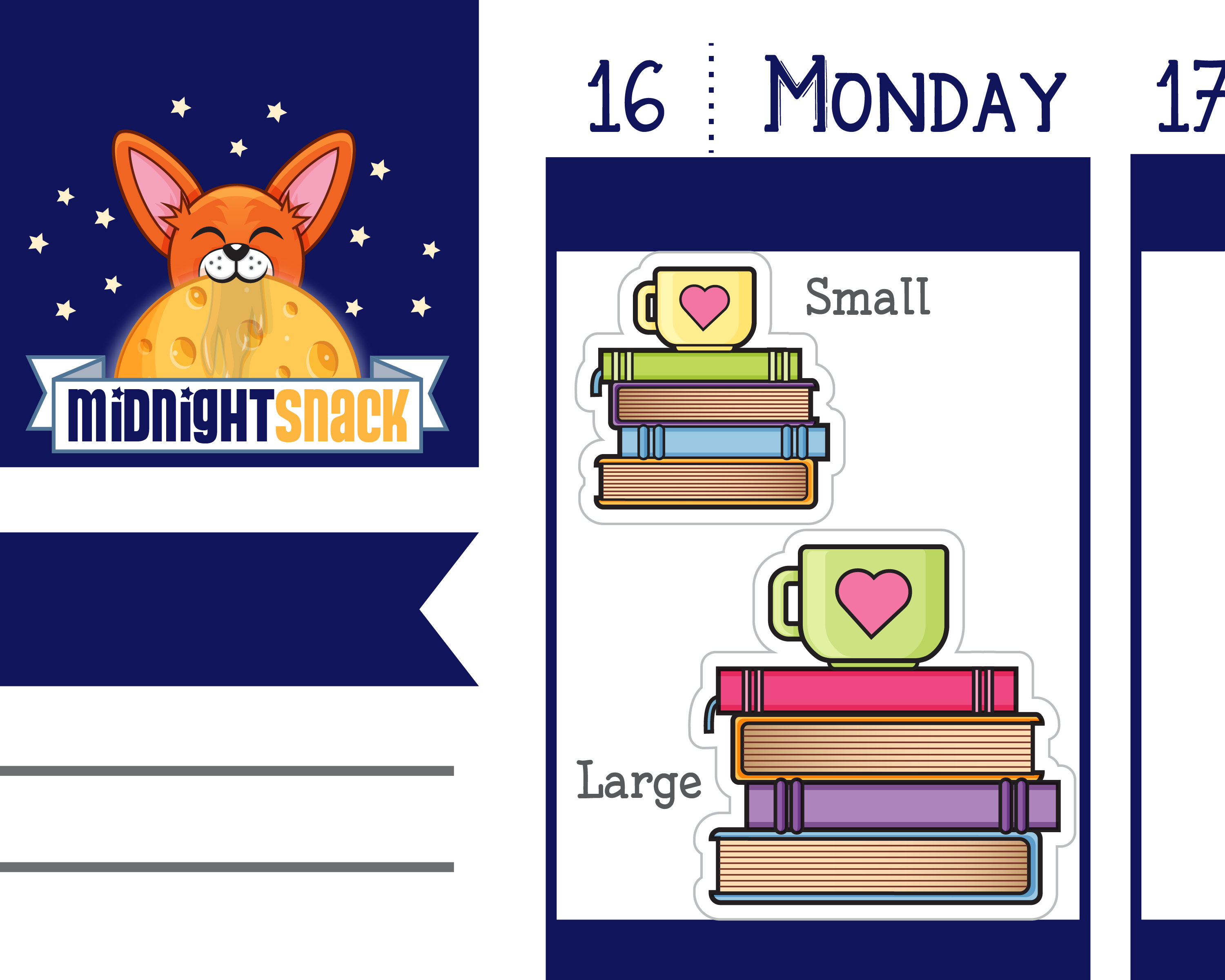Small Stack of Books with Mug Icon: Reading Planner Stickers Midnight Snack Planner