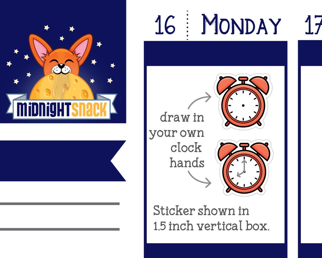 alarm clock  planner stickers shown on a standard (1.5 inch across) vertical planner page.