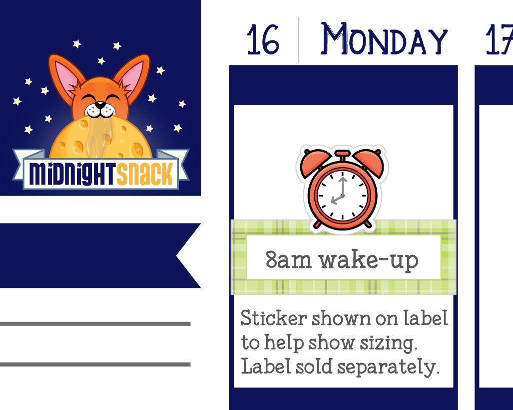 alarm clock  planner sticker shown on a standard (1.5 inch across) vertical planner page with a blank header.
