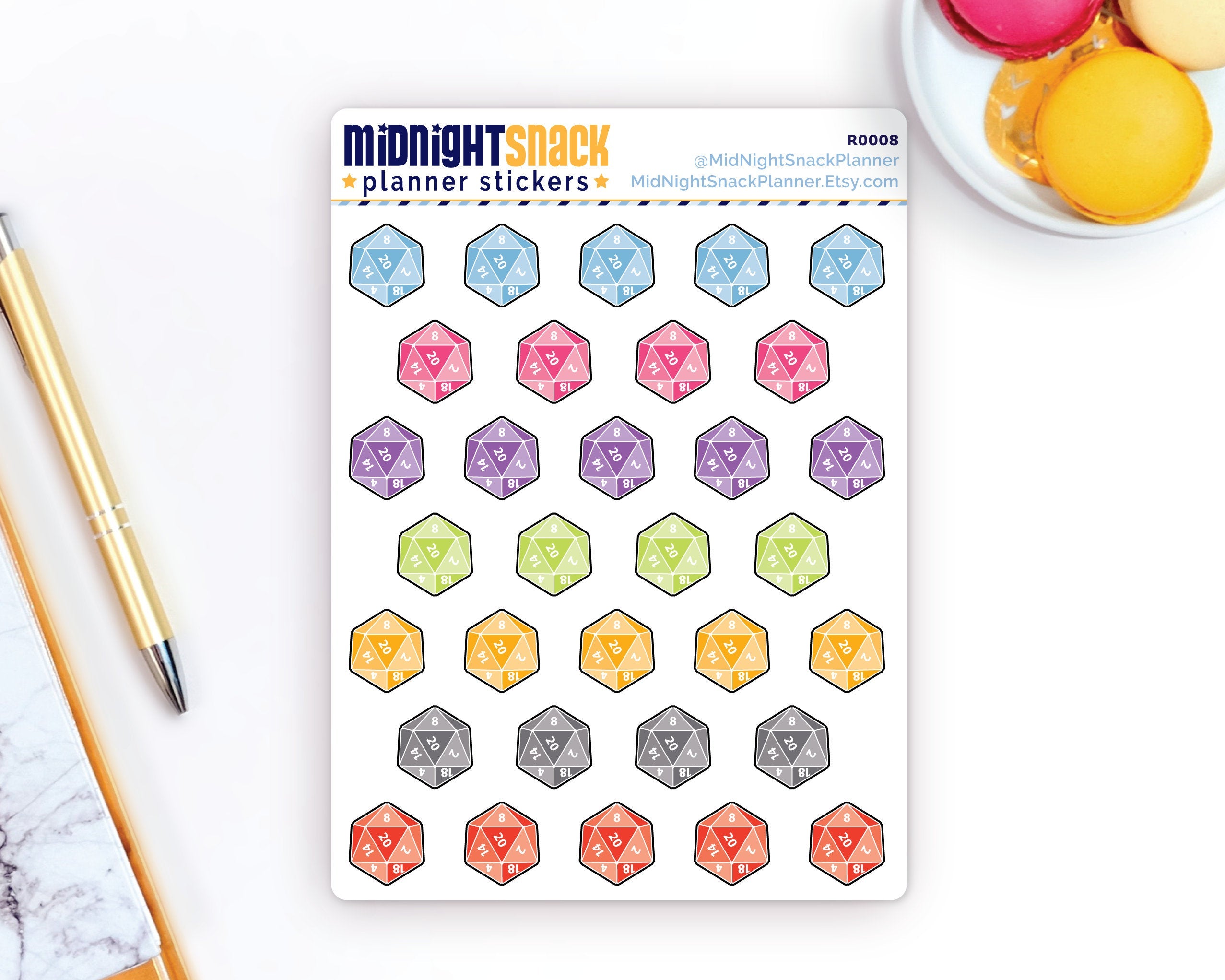 20 sided dice planner stickers shown on the full sticker sheet.