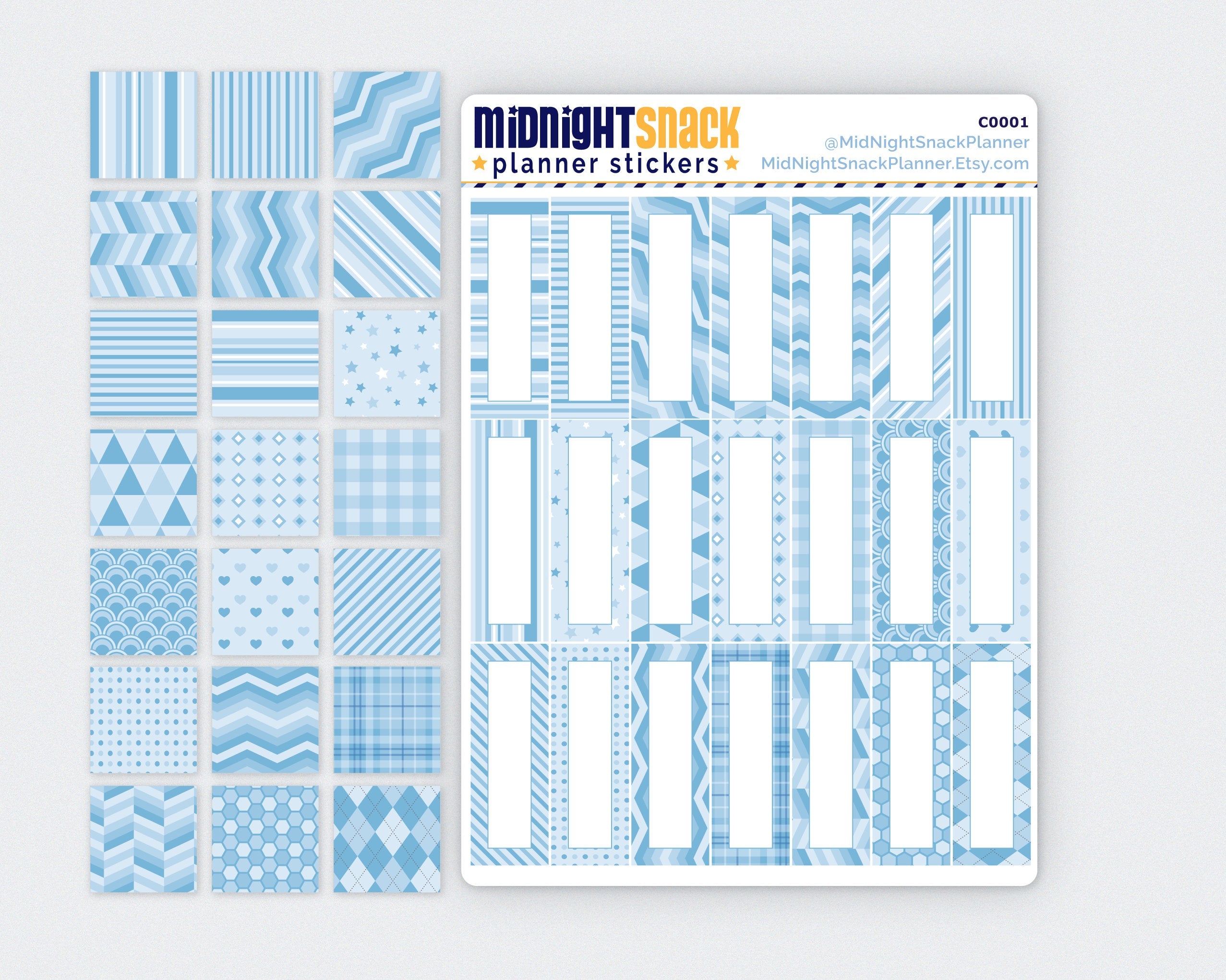 Blue Patterned Quarter Boxes Planner Stickers Midnight Snack Planner