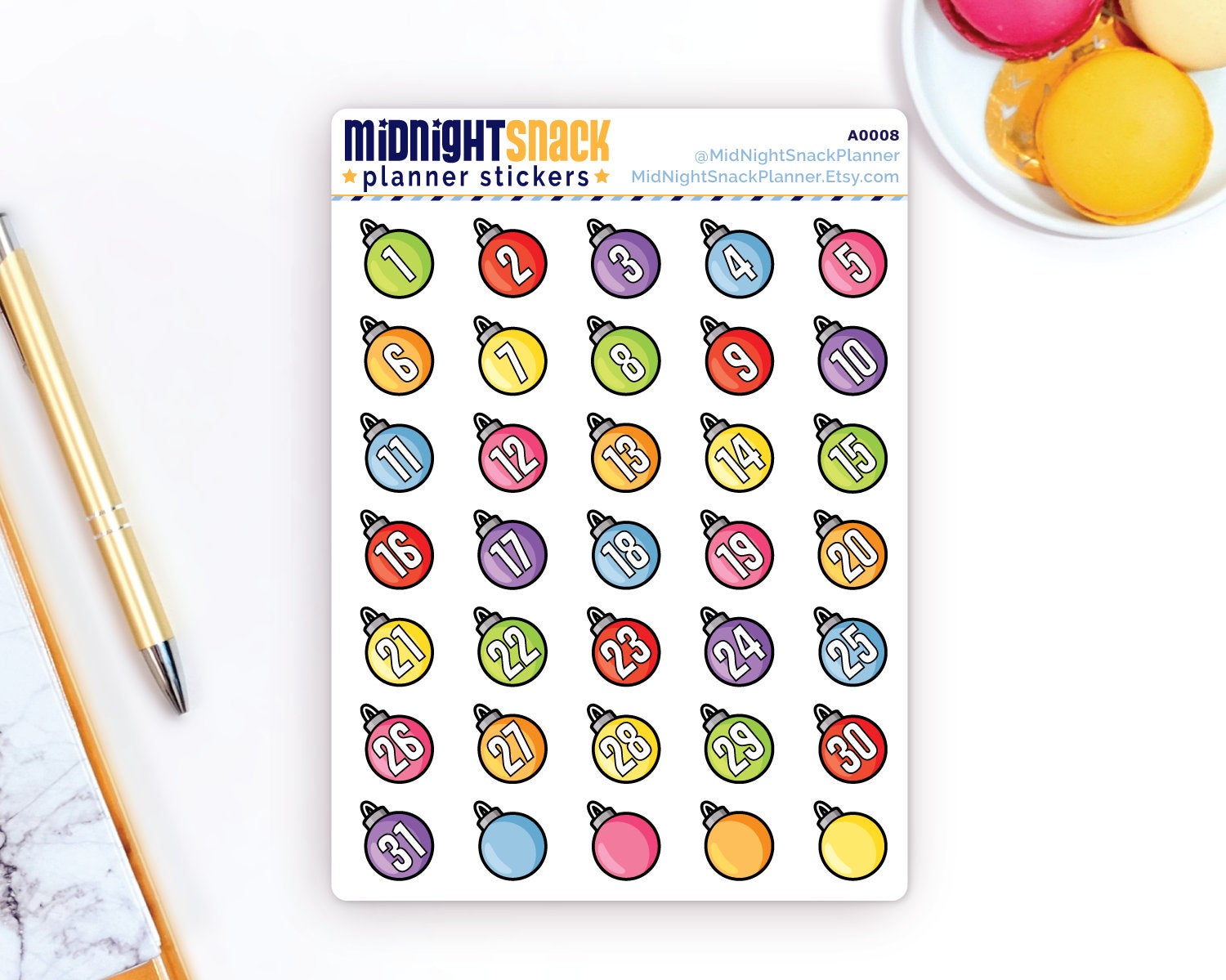 Christmas Ornaments Icon Planner Stickers: December Date Covers Midnight Snack Planner