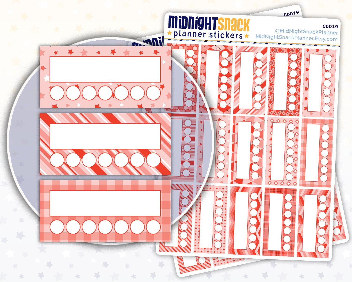 Red Patterned Habit Tracker Planner Stickers Midnight Snack Planner