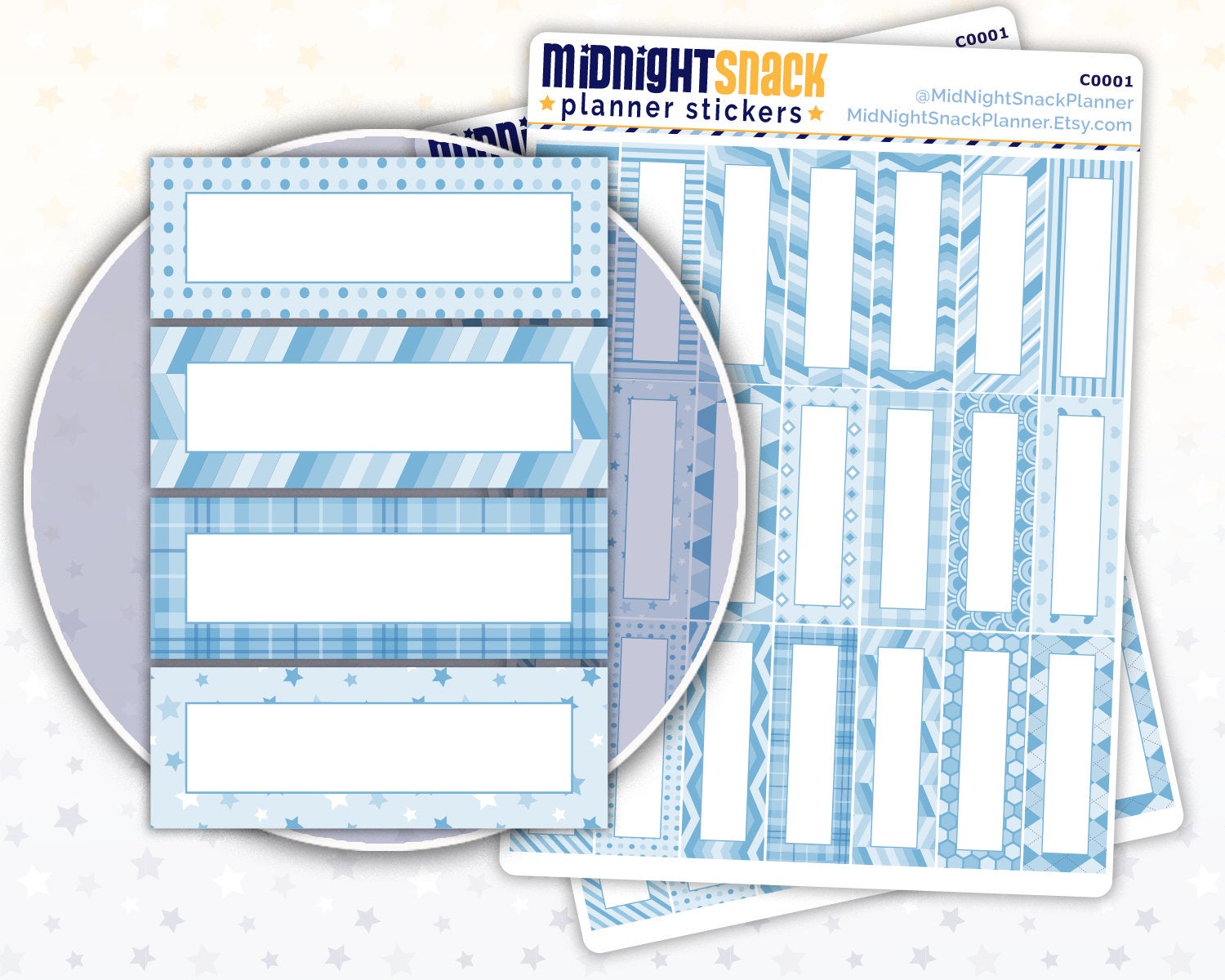 Blue Patterned Quarter Boxes Planner Stickers Midnight Snack Planner