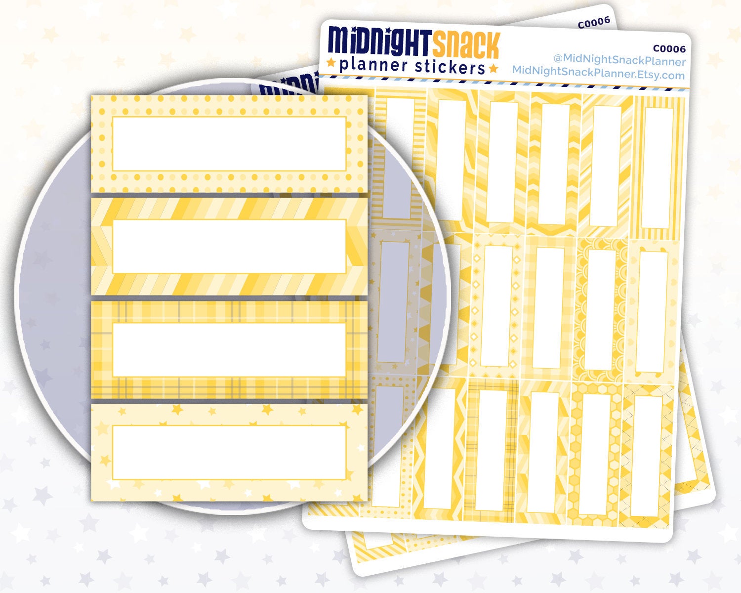 Yellow Patterned Quarter Boxes Planner Stickers Midnight Snack Planner