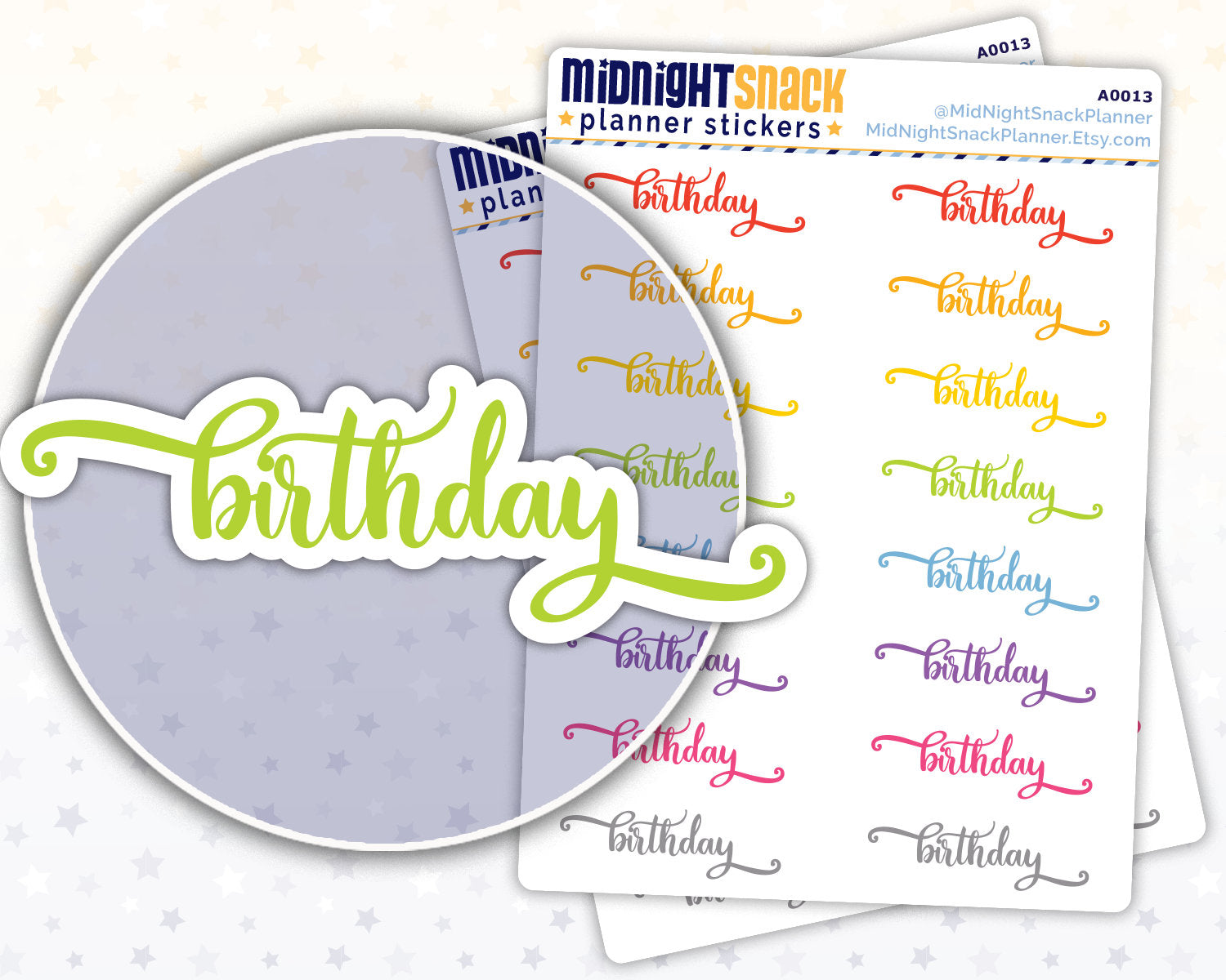 Birthday Script Word Planner Stickers Midnight Snack Planner