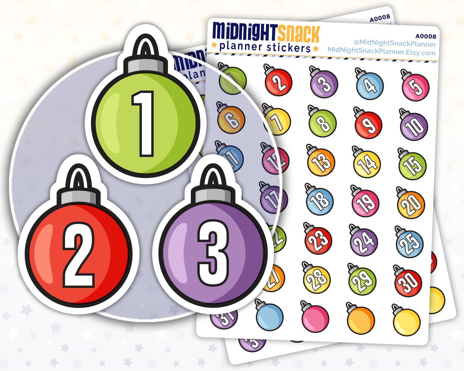 Christmas Ornaments Icon Planner Stickers: December Date Covers Midnight Snack Planner