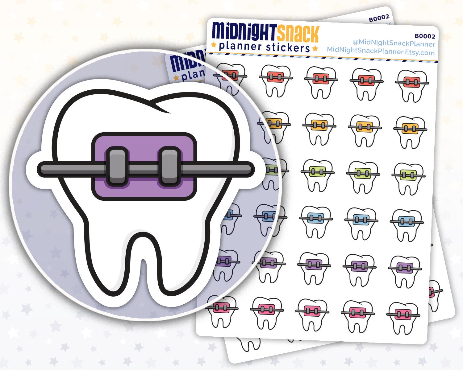 Tooth with Braces Icon: Orthodontist Appointment Planner Stickers Midnight Snack Planner