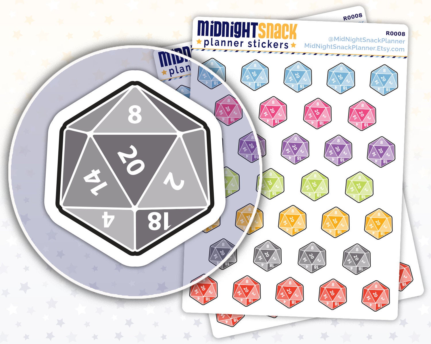 Close-up of 20 sided (DnD) dice planner sticker and the 20 sided dice sticker sheet. 