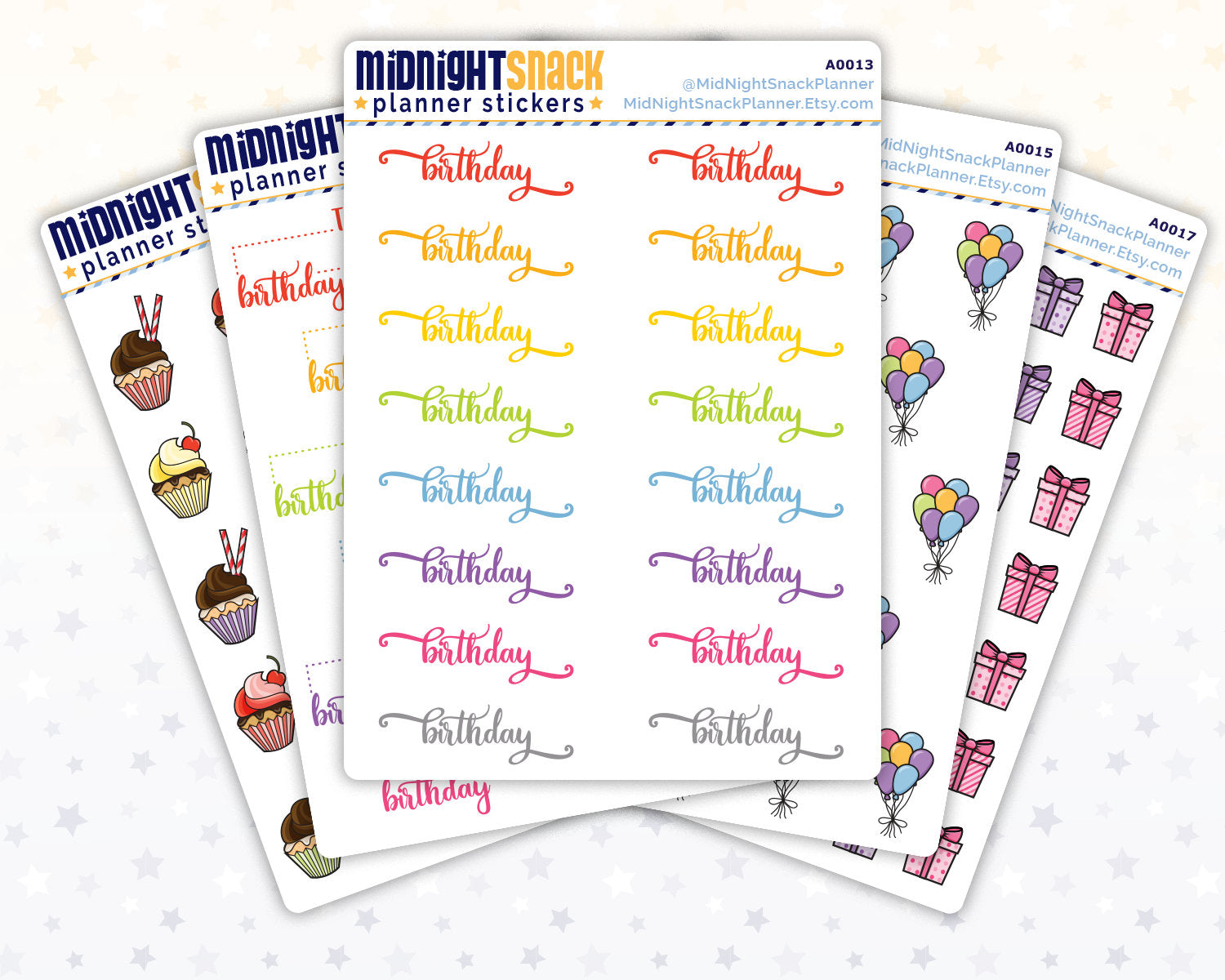 5 Sheet Bundle of Birthday Planner Stickers from Midnight Snack Planner