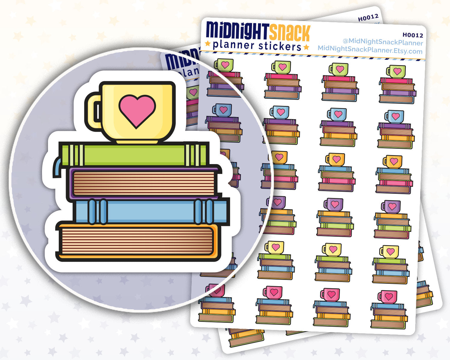 Stack of Books and Tea or Coffee Reading Planner Stickers from Midnight Snack Planner