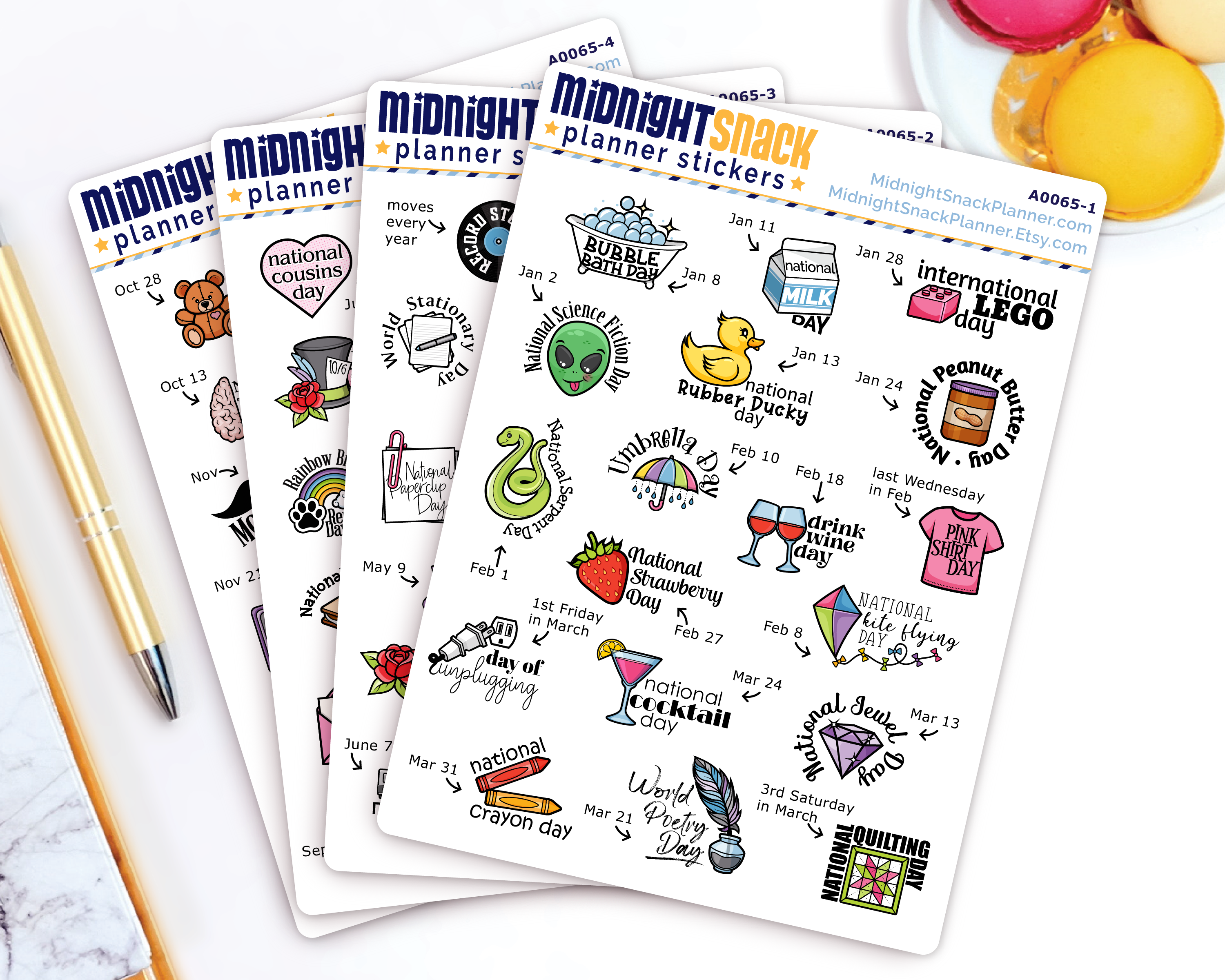 All four sheets of wacky holiday volume 2 planner stickers are shown in a fan.